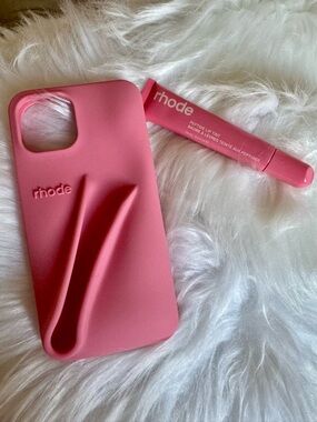 RHODE Pink Silicone Phone Case with peptide lip tint for iPhone  14/15